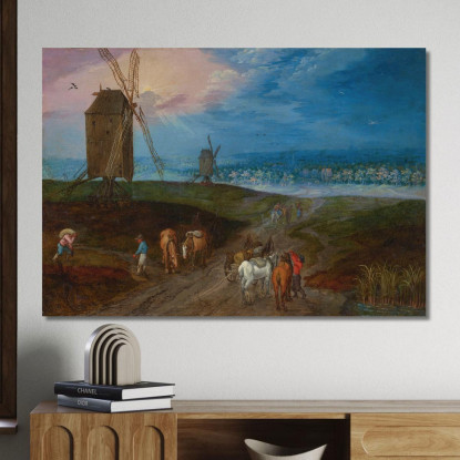 Ampio Paesaggio Con Viaggiatori Davanti A Un Mulino A Vento Jan Brueghel the Younger jby14 quadro stampato su tela