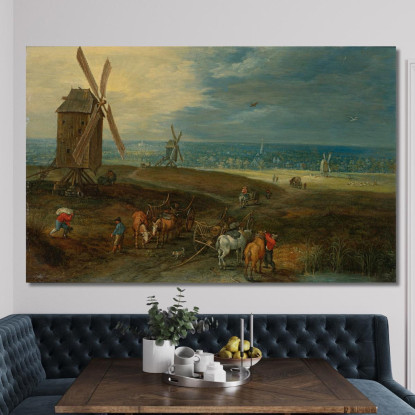 Ampio Paesaggio Con Viaggiatori Davanti A Un Mulino A Vento Jan Brueghel the Younger jby15 quadro stampato su tela