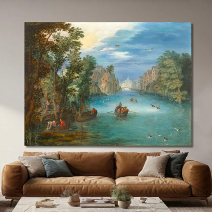 Paesaggio Fluviale Animato Da Personaggi Jan Brueghel the Younger jby32 quadro stampato su tela