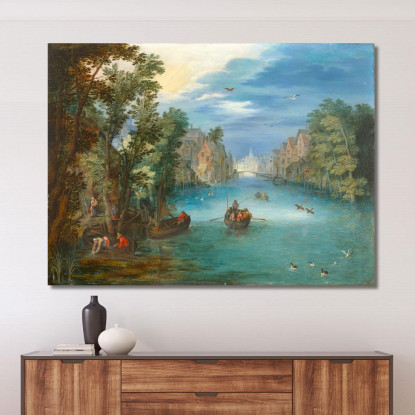 Paesaggio Fluviale Animato Da Personaggi Jan Brueghel the Younger jby32 quadro stampato su tela