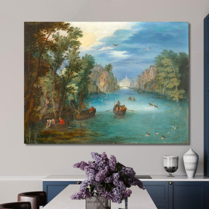 Paesaggio Fluviale Animato Da Personaggi Jan Brueghel the Younger jby32 quadro stampato su tela