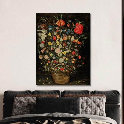 Natura Morta Con Un Grande Mazzo Di Fiori In Un Secchio Di Legno Jan Brueghel the Younger jby33 quadro stampato su tela