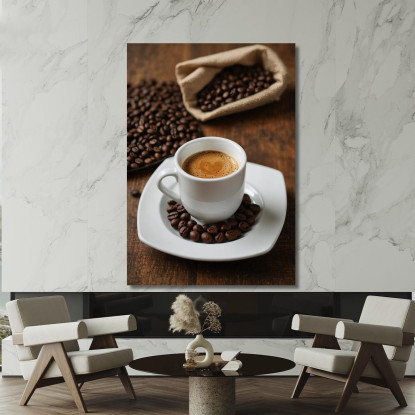 Quadro Moderno Tazza Di Espresso Con Chicchi Di Caffè Su Tavola Di Legno quadro stampato su tela