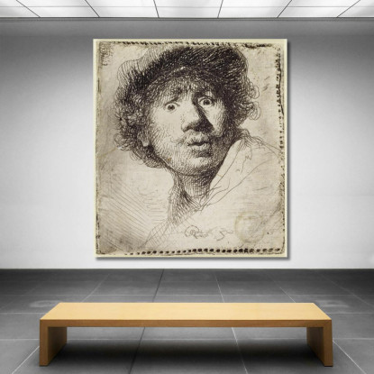 Autoritratto In Berretto Con Gli Occhi Spalancati E La Bocca Aperta Rembrandt van Rijn rvr180 quadro stampato su tela