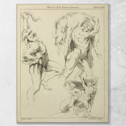 Figuras, Una Luchando Con Una Serpiente, Otra Levantando Un Jabalí Muerto Y Dos Figuras De Atlas Levantando Un Globo Terráqueo.