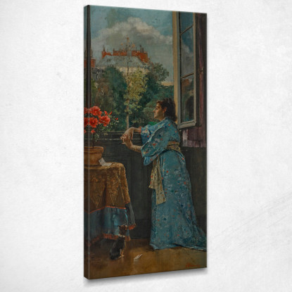 Una Donna Alla Finestra Il Kimono Blu Alfred Stevens stal95 quadro stampato su tela