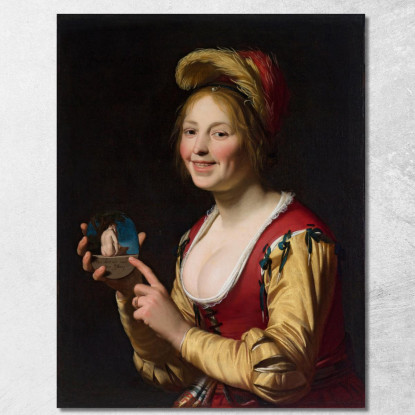 Ragazza Sorridente Una Cortigiana Che Tiene Un'Immagine Oscena Gerard van Honthorst gvh44 quadro stampato su tela