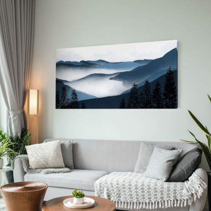 Quadro Paesaggio Astratto Arte Paesaggio Montuoso Nebbioso Con Foresta E Colline Blu abl5 quadro stampato su tela