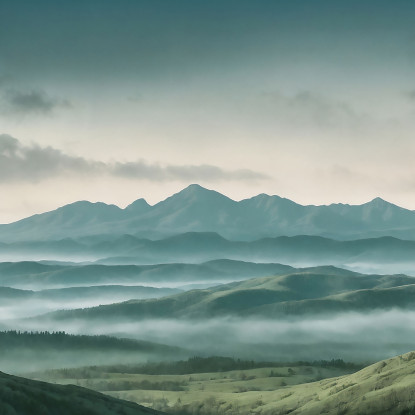 Quadro Paesaggio Astratto Paesaggio Montuoso Nebbioso Con Colline Verdi E Cielo Nuvoloso abl32 quadro stampato su tela