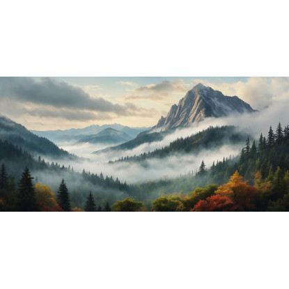 Quadro Paesaggio Astratto Paesaggio Montuoso Nebbioso Con Foresta Autunnale E Vette Innevate abl34 quadro stampato su tela