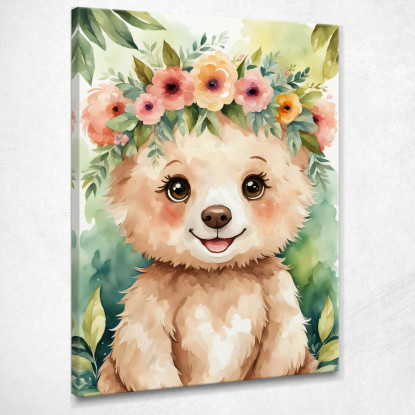 Decorazione Nursery Quadro Per Bimbo E Bimba Orsetto Con Corona Di Fiori Colorati bana2 quadro stampato su tela