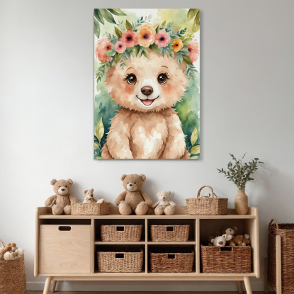 Decorazione Nursery Quadro Per Bimbo E Bimba Orsetto Con Corona Di Fiori Colorati bana2 quadro stampato su tela