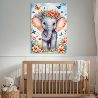 Quadro Per Cameretta Bimbo Bimba Dolce Elefantino Con Fiori E Farfalle Colorate bana3 quadro stampato su tela