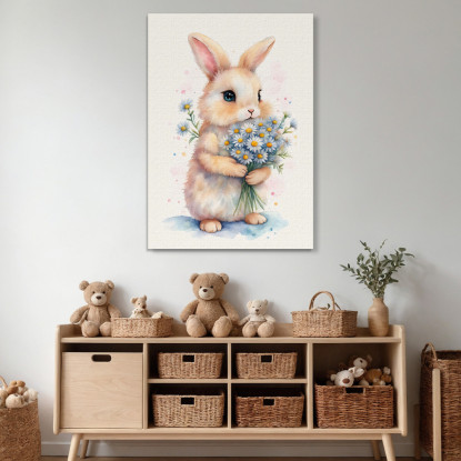 Quadro Per Cameretta Bimbo Dolce Coniglietto Con Fiori Bianchi bana7 quadro stampato su tela