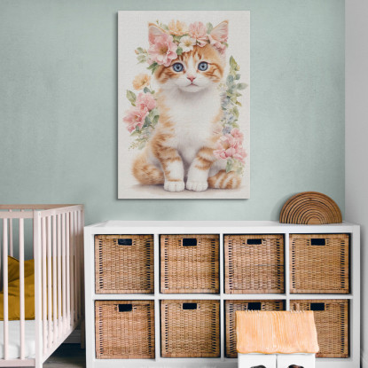 Quadro Per Cameretta Bimba Tenero Gattino Con Fiori Rosa bana8 quadro stampato su tela