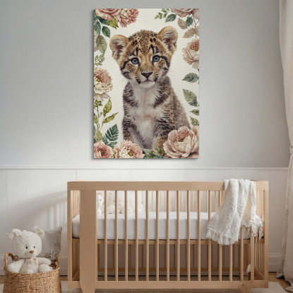 Quadro Per Nursery Decorazione Per Bambino Dolce Cucciolo Di Leopardo Con Fiori bana12 quadro stampato su tela