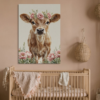 Quadro Per Bimba Decorazione Per Cameretta Mucca Carina Con Corona Di Fiori bana13 quadro stampato su tela