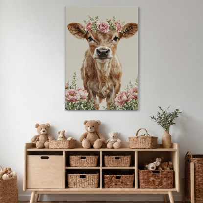 Quadro Per Bimba Decorazione Per Cameretta Mucca Carina Con Corona Di Fiori bana13 quadro stampato su tela