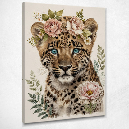 Quadro Decorativo Per Cameretta Bimbo Piccolo Leopardo Con Decorazioni Floreali bana14 quadro stampato su tela