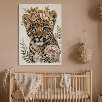 Quadro Decorativo Per Cameretta Bimbo Piccolo Leopardo Con Decorazioni Floreali bana14 quadro stampato su tela