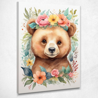 Quadro Decorativo Per Cameretta Bimba Orsetto Con Ghirlanda Di Fiori Colorati bana15 quadro stampato su tela