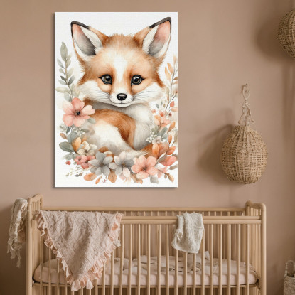 Quadro Per Cameretta Neonata Baby Volpe Con Fiori Beige E Rosa bana17 quadro stampato su tela