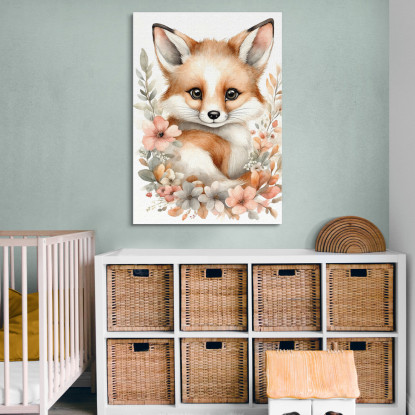 Quadro Per Cameretta Neonata Baby Volpe Con Fiori Beige E Rosa bana17 quadro stampato su tela