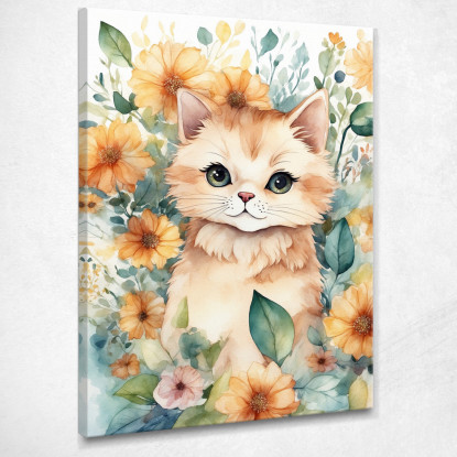 Decorazione Per Nursery Quadro Per Bimba Gattino Floreale Di Fiori Colorati bana18 quadro stampato su tela