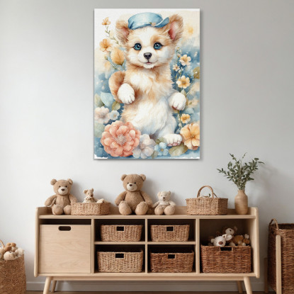 Quadro Per Nursery Decorazione Per Cameretta Cucciolo Di Cane Con Fiorellini E Cappellino bana20 quadro stampato su tela