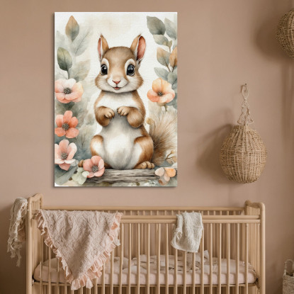 Quadro Per Bimba Decorazione Nursery Tenero Scoiattolo Con Cornice Floreale bana22 quadro stampato su tela