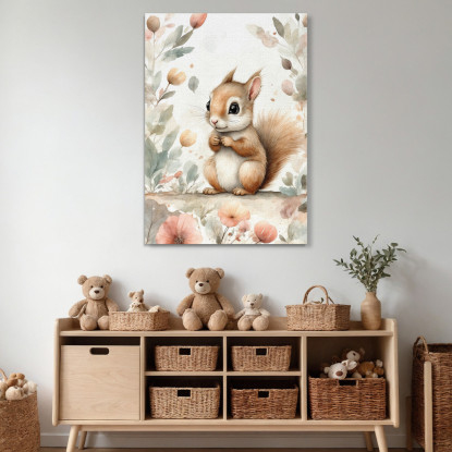 Quadro Per Bambini Decorazione Cameretta Scoiattolo Con Decorazioni Floreali bana23 quadro stampato su tela