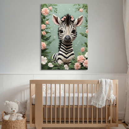 Quadro Per Cameretta Del Neonato Zebra Giocosa In Una Fantasia Floreale bana25 quadro stampato su tela