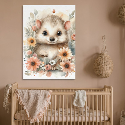 Quadro Per Nursery Decorazione Bimba Piccolo Riccio In Abbraccio Floreale bana26 quadro stampato su tela