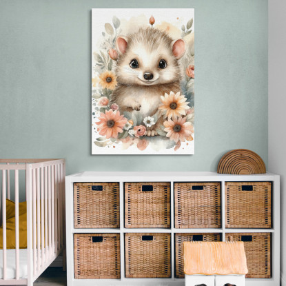 Quadro Per Nursery Decorazione Bimba Piccolo Riccio In Abbraccio Floreale bana26 quadro stampato su tela