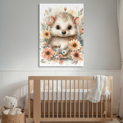 Quadro Per Nursery Decorazione Bimba Piccolo Riccio In Abbraccio Floreale bana26 quadro stampato su tela