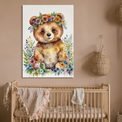 Quadro Per Nursery Decorazione Cameretta Orsetto Felice Tra I Fiori bana29 quadro stampato su tela