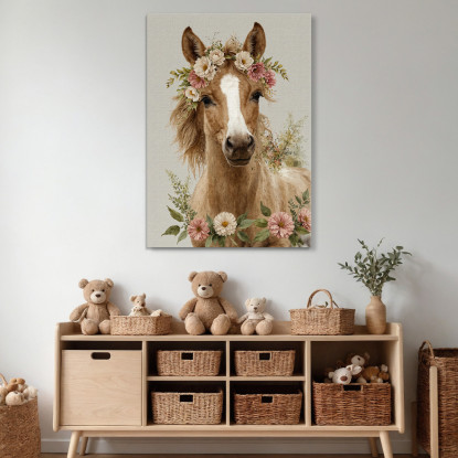 Decorazione Nursery Quadro Per Bimbo E Bimba Cavallo Con Corona Di Fiori bana30 quadro stampato su tela