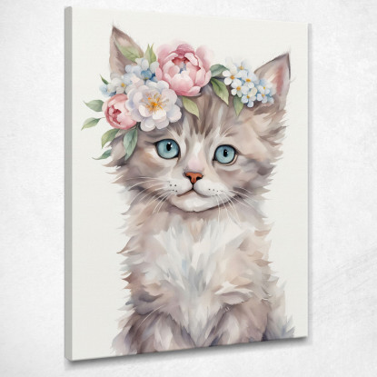 Quadro Per Cameretta Neonato Decorazione Gatto Con Occhi Azzurri E Corona Floreale bana32 quadro stampato su tela