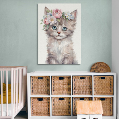 Quadro Per Cameretta Neonato Decorazione Gatto Con Occhi Azzurri E Corona Floreale bana32 quadro stampato su tela