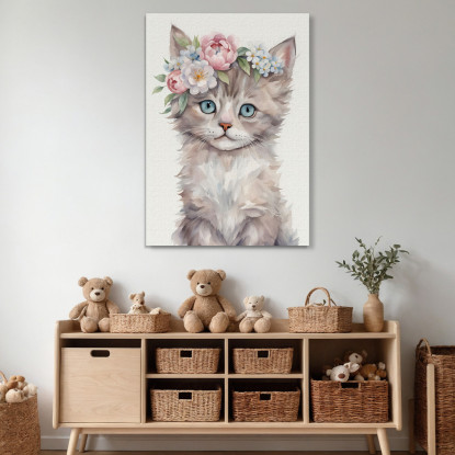 Quadro Per Cameretta Neonato Decorazione Gatto Con Occhi Azzurri E Corona Floreale bana32 quadro stampato su tela