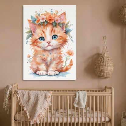 Quadro Per Bambino Decorazione Cameretta Gattino Arancione Con Ghirlanda Di Fiori bana33 quadro stampato su tela