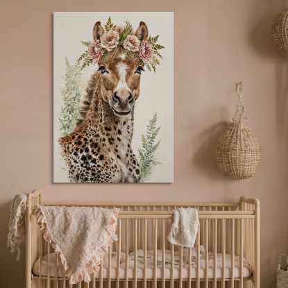 Quadro Per Cameretta Bambino Giraffina Con Fiori Rosa bana34 quadro stampato su tela