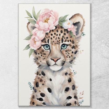 Quadro Per Cameretta Bimbo Piccolo Leopardo Carino Con Fiori Pastello bana35 quadro stampato su tela