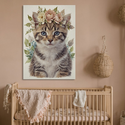 Decorazione Per Cameretta Quadro Per Bimbo Gatto Tigrato Con Decorazione Floreale bana37 quadro stampato su tela