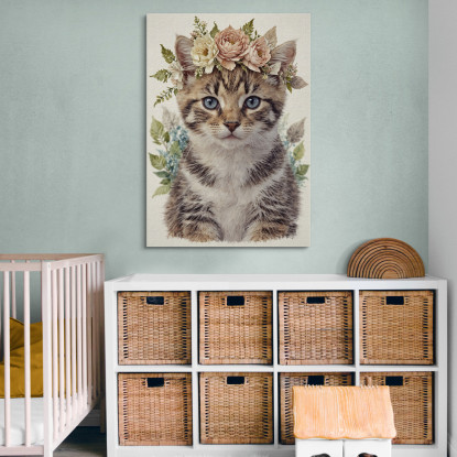 Decorazione Per Cameretta Quadro Per Bimbo Gatto Tigrato Con Decorazione Floreale bana37 quadro stampato su tela