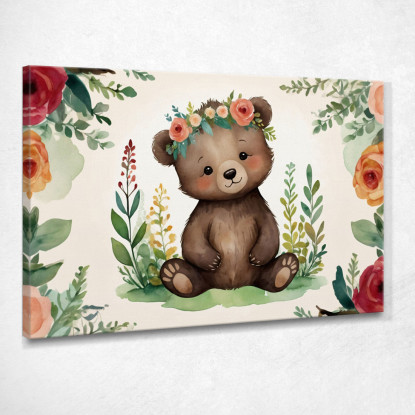 Quadro Per Nursery Decorazione Bimba Tenero Orsetto Con Fiori Colorati bana39 quadro stampato su tela