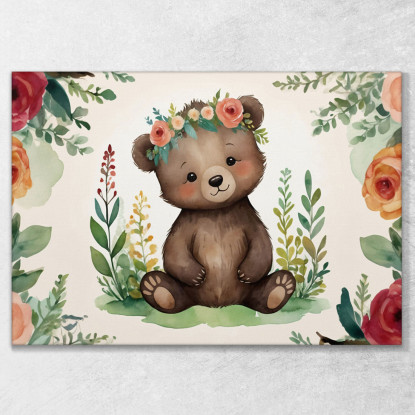 Quadro Per Nursery Decorazione Bimba Tenero Orsetto Con Fiori Colorati bana39 quadro stampato su tela