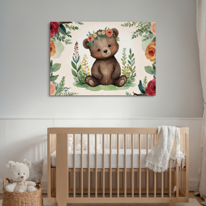 Quadro Per Nursery Decorazione Bimba Tenero Orsetto Con Fiori Colorati bana39 quadro stampato su tela