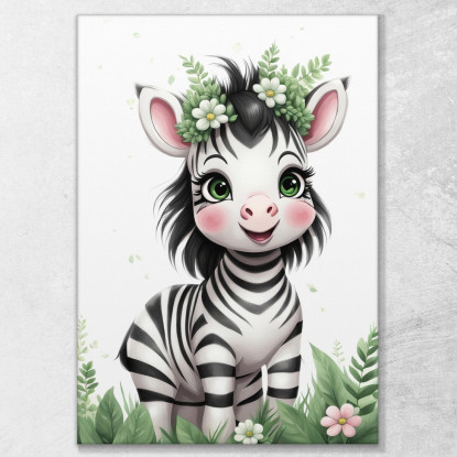 Quadro Per Cameretta Neonato Decorazione Zebra Simpatica Con Corona Floreale banb4 quadro stampato su tela