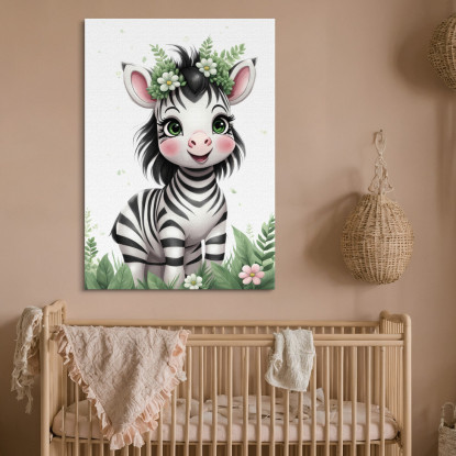 Quadro Per Cameretta Neonato Decorazione Zebra Simpatica Con Corona Floreale banb4 quadro stampato su tela